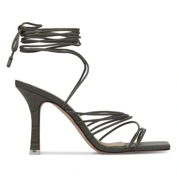 Black Suede Studio Black lace up square toe Strappy Sandal heels Size 37.5 (7.5) - Picture 1 of 9